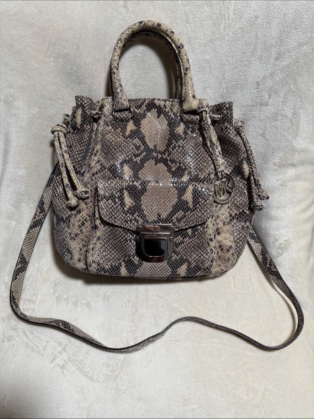 Michael Kors Snakeskin Embossed Drawstring Hobo Crossbody Bag, MK Charm